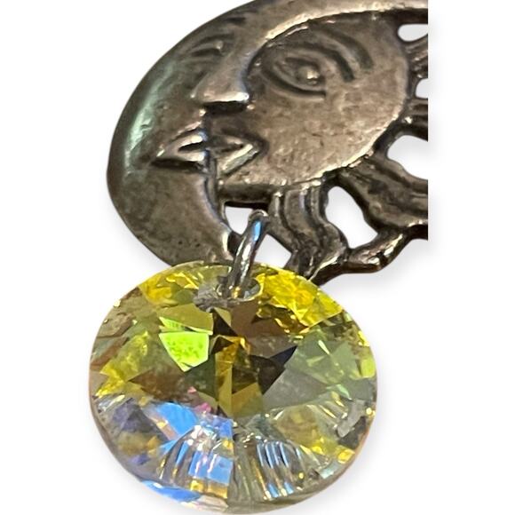 Sun Moon Face Pendant with Iridescent Crystal Drop | Celestial Boho Charm - Picture 3 of 7